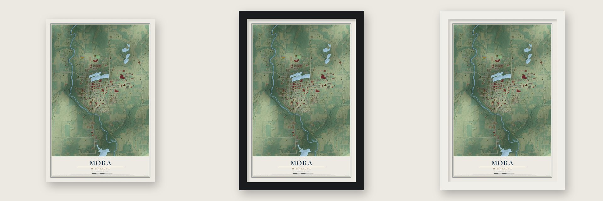 Mora, Minnesota map unframed, in a black wood frame and in a white wood frame