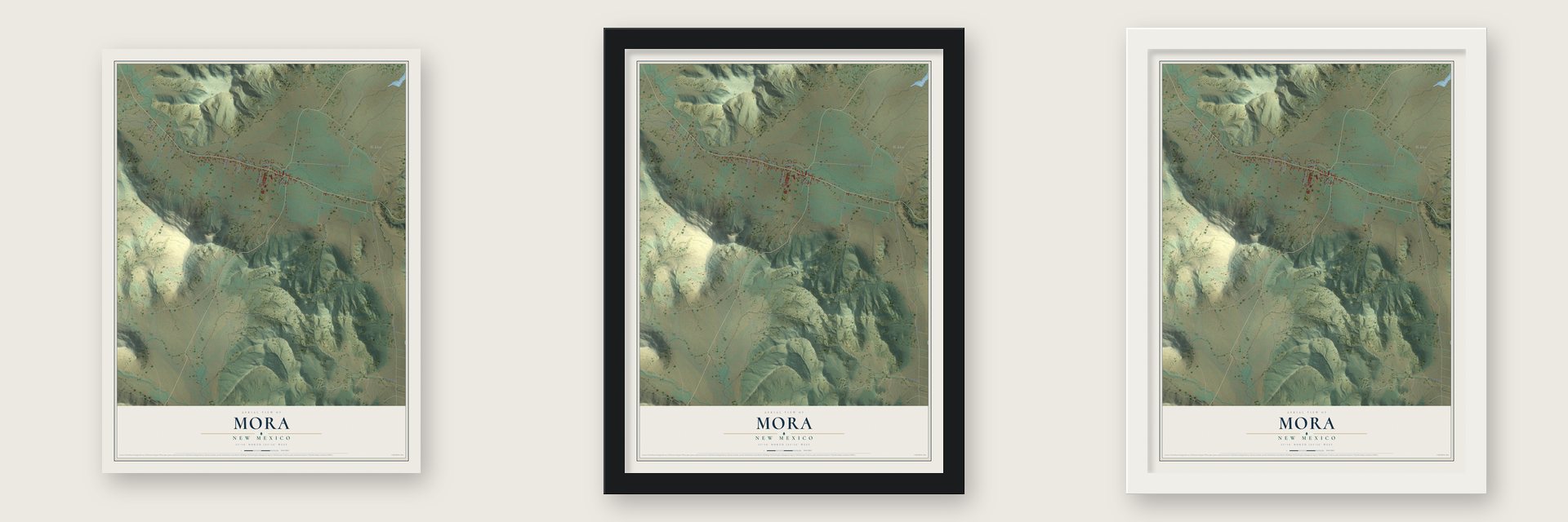 Mora, New Mexico map unframed, in a black wood frame and in a white wood frame