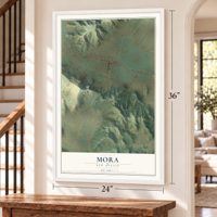 Mora, New Mexico map, 24 x 36 inch print in a white frame by a staircase