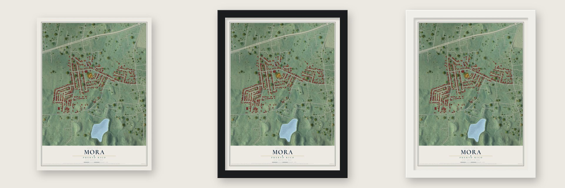 Mora, Puerto Rico map unframed, in a black wood frame and in a white wood frame