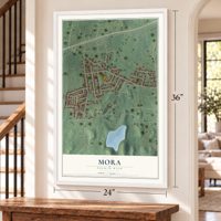 Mora, Puerto Rico map, 24 x 36 inch print in a white frame by a staircase