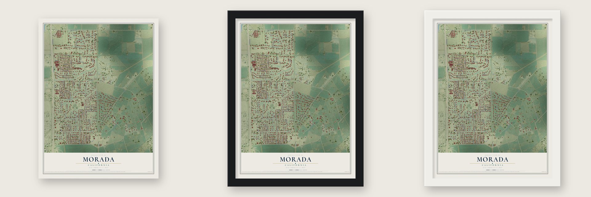 Morada, California map unframed, in a black wood frame and in a white wood frame