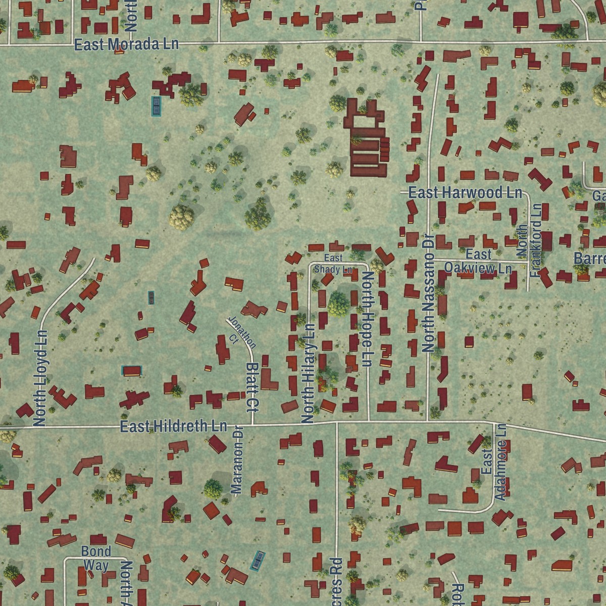 Second close-up of the map of Morada, California print showing more streets and buildings
