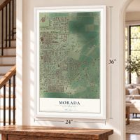 Morada, California map, 24 x 36 inch print in a white frame by a staircase