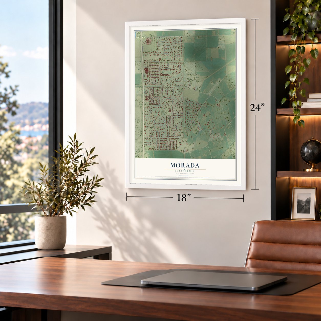 Morada, California map, 18 x 24 inch print in a white frame in a home office
