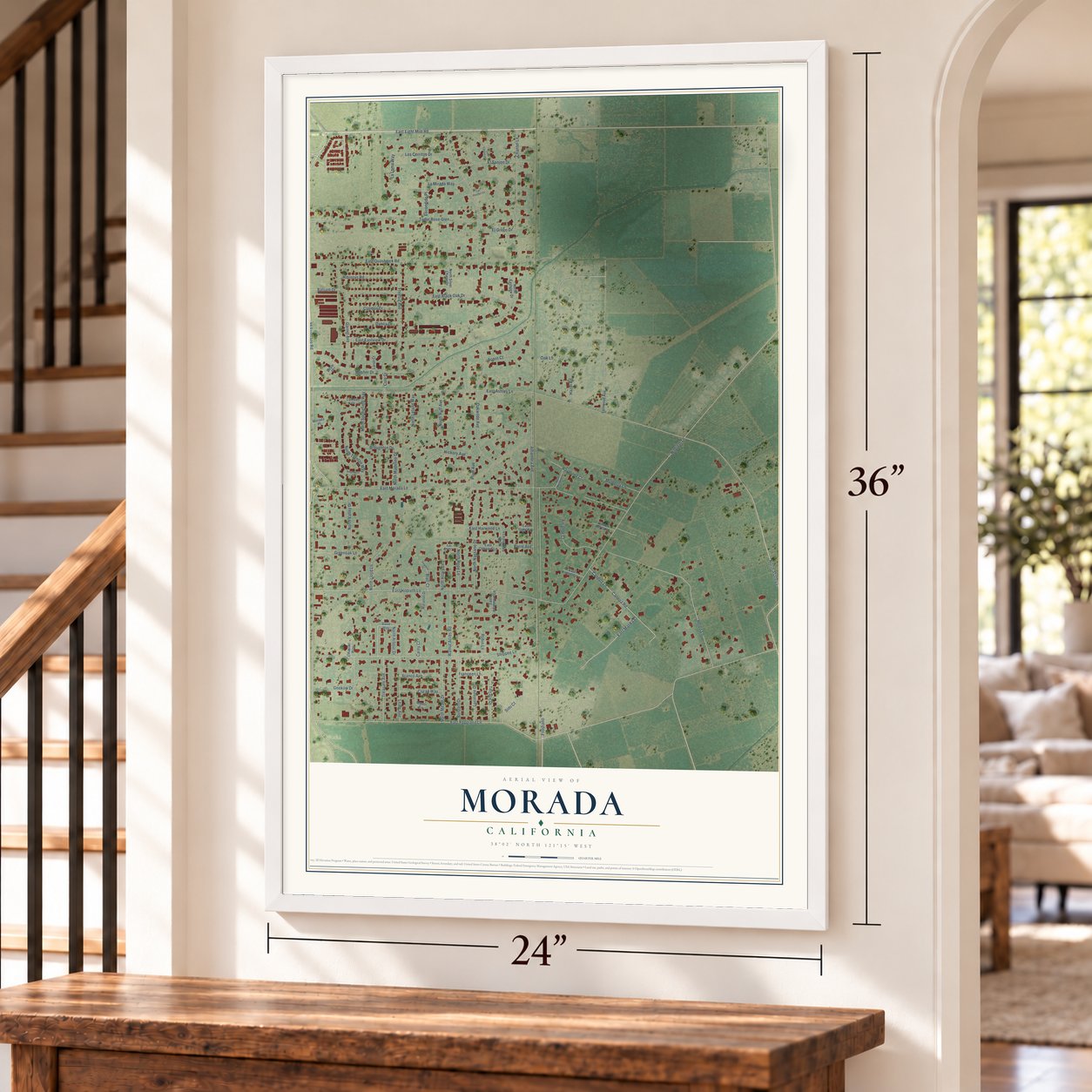 Morada, California map, 24 x 36 inch print in a white frame by a staircase