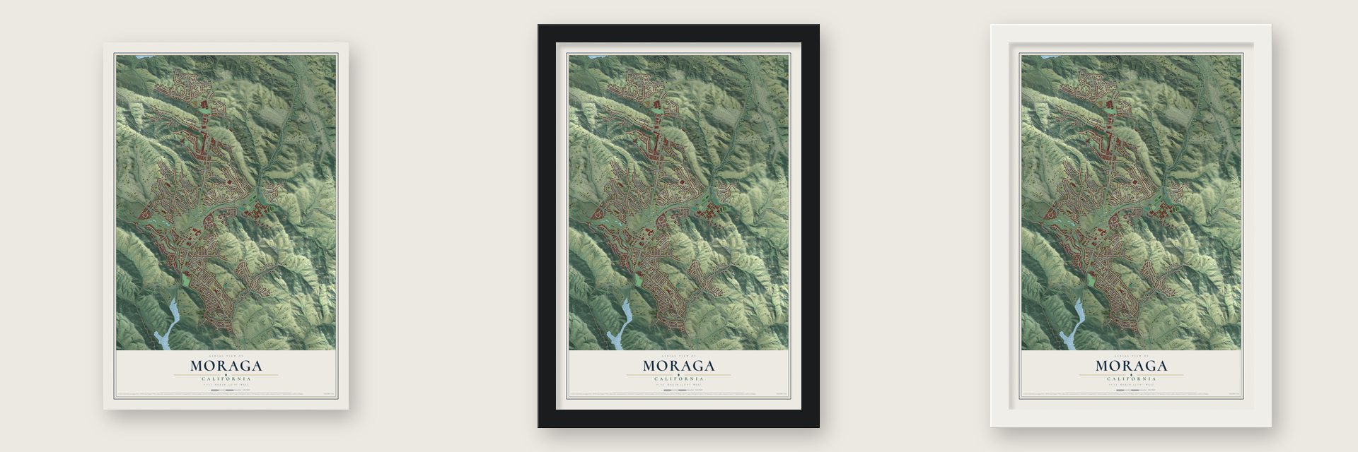 Moraga, California map unframed, in a black wood frame and in a white wood frame