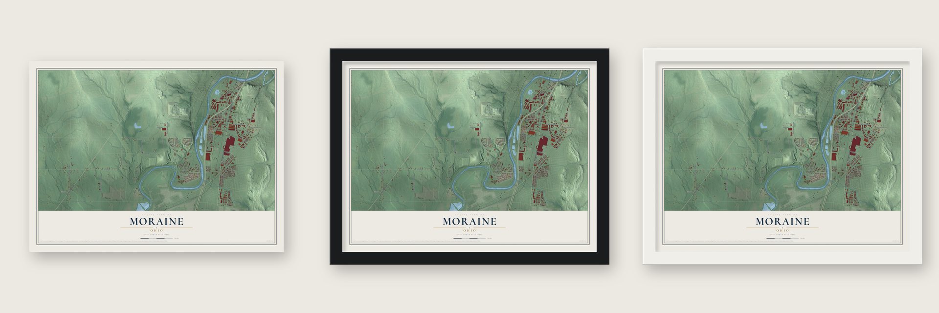 Moraine, Ohio map unframed, in a black wood frame and in a white wood frame