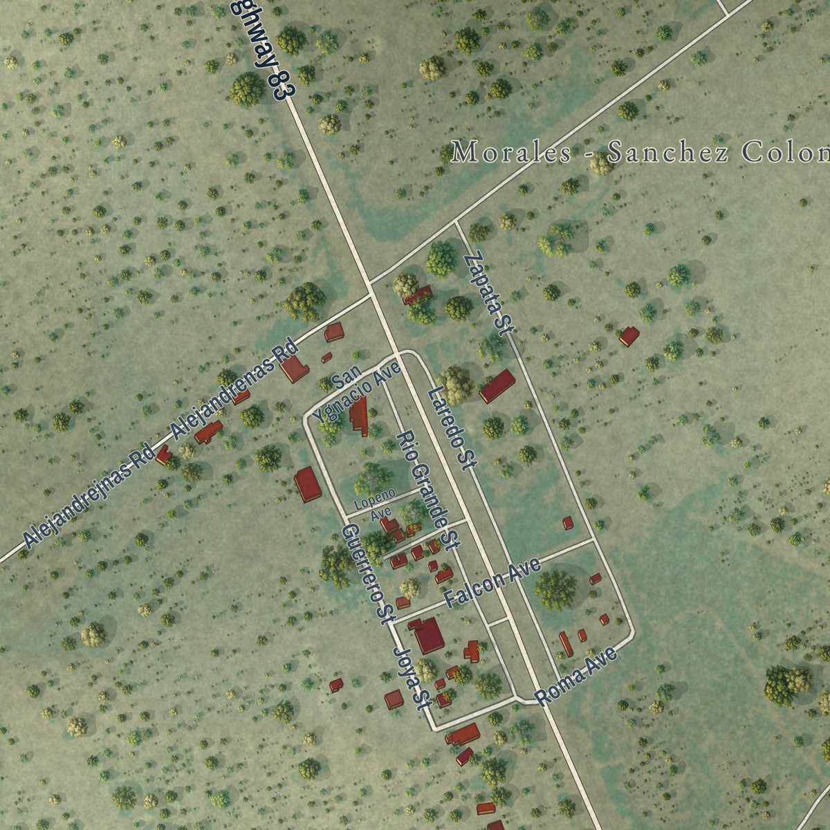 Second close-up of the map of Morales-Sanchez, Texas print showing more streets and buildings
