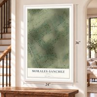 Morales-Sanchez, Texas map, 24 x 36 inch print in a white frame by a staircase