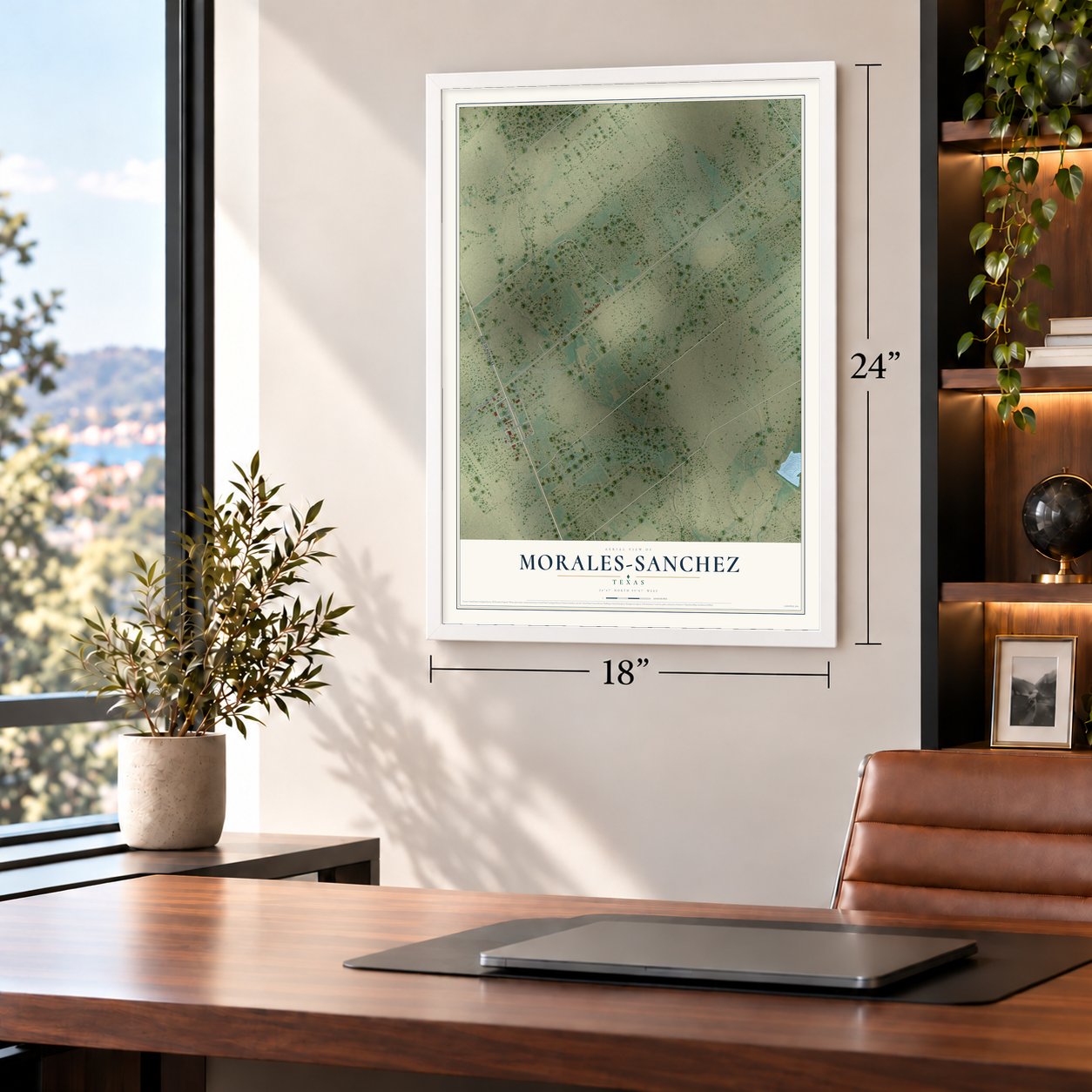 Morales-Sanchez, Texas map, 18 x 24 inch print in a white frame in a home office