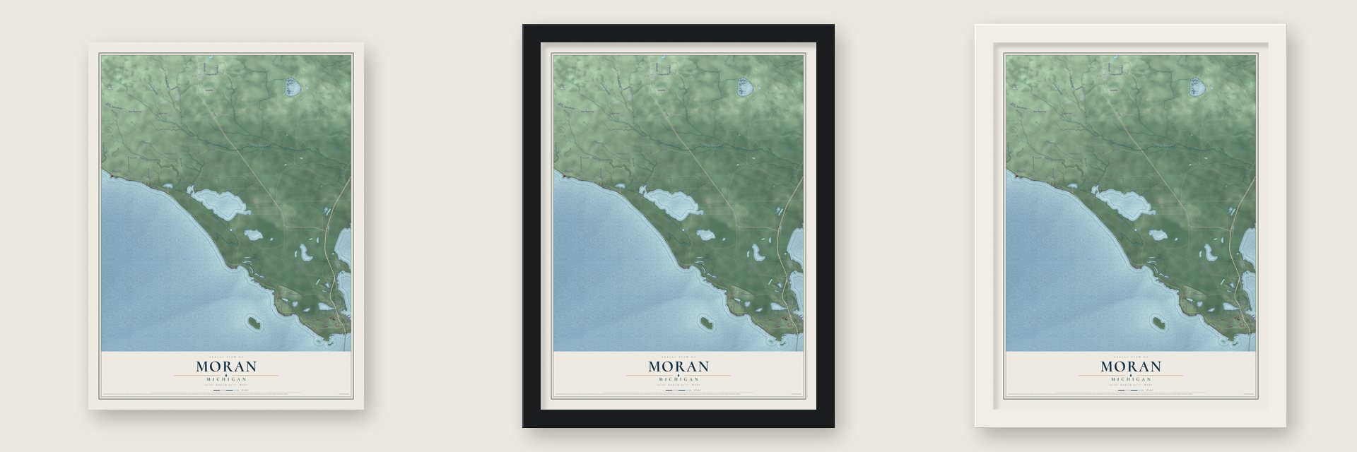 Moran, Michigan map unframed, in a black wood frame and in a white wood frame