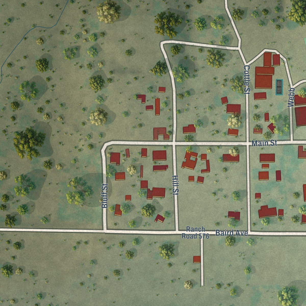 Second close-up of the map of Moran, Texas print showing more streets and buildings