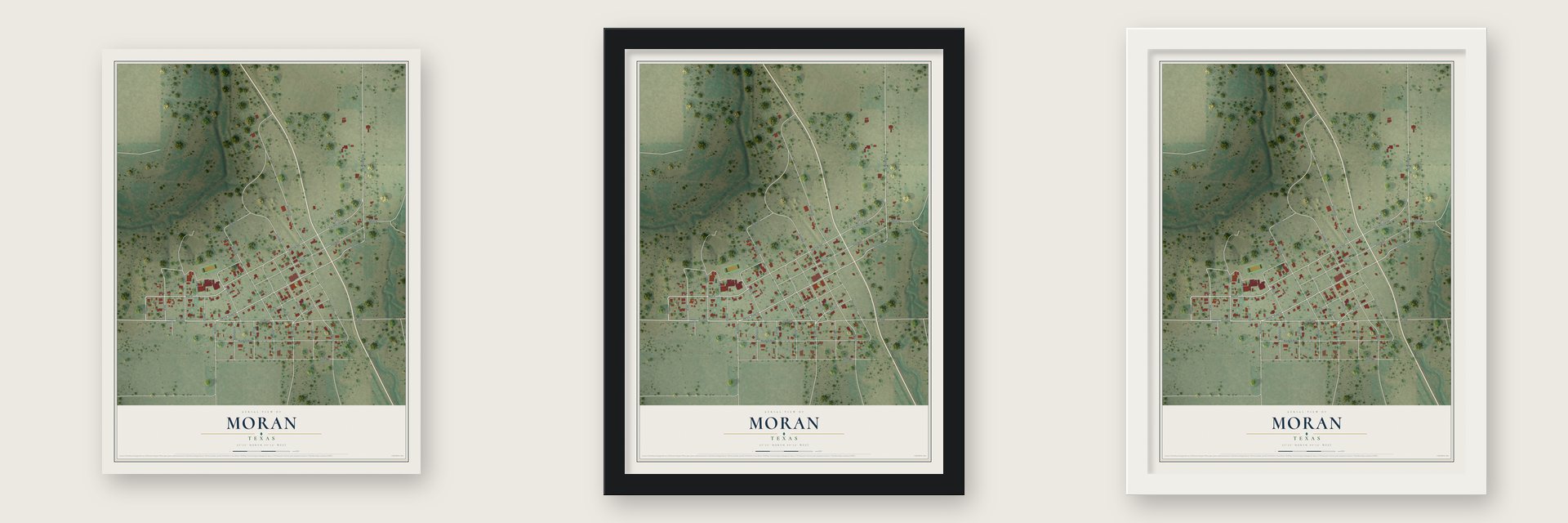 Moran, Texas map unframed, in a black wood frame and in a white wood frame