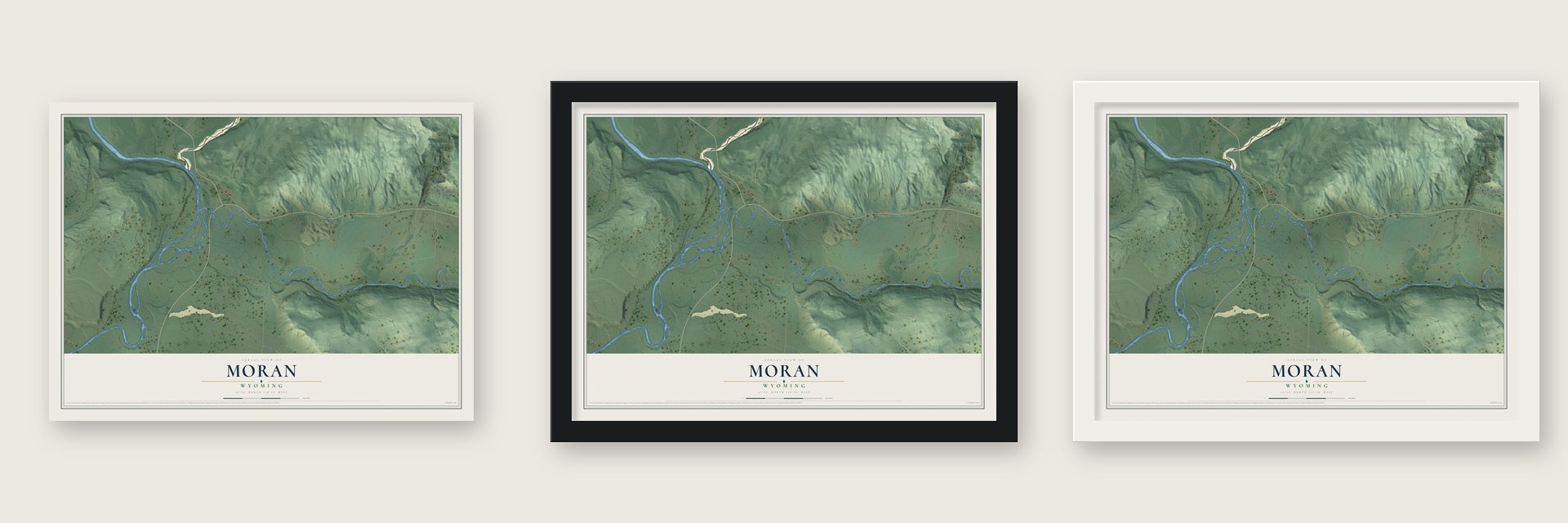 Moran, Wyoming map unframed, in a black wood frame and in a white wood frame