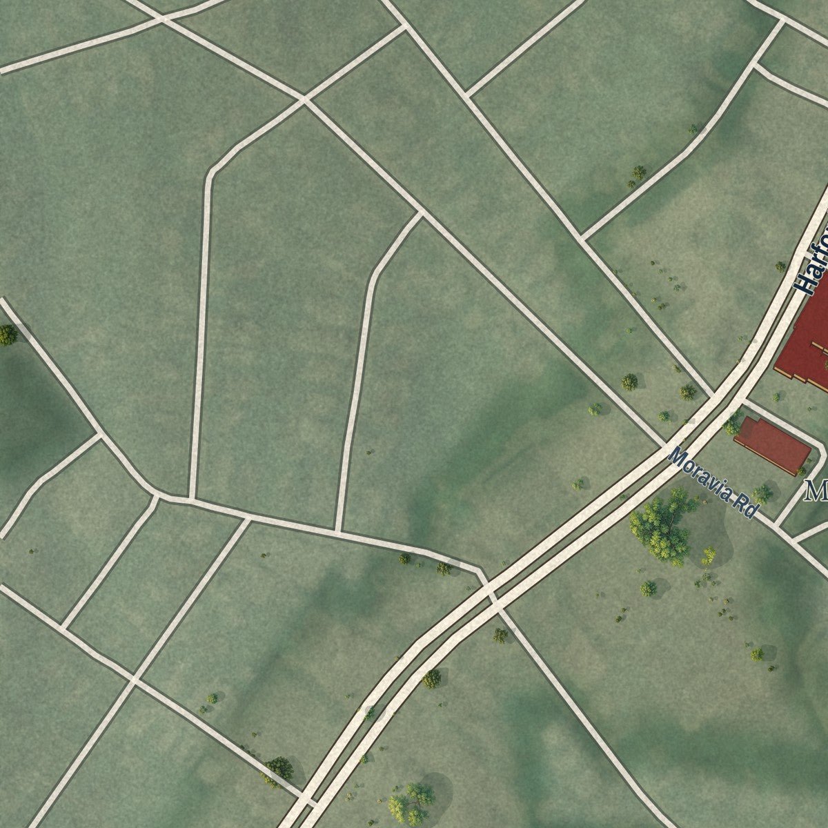 Second close-up of the map of Moravia-Walther, Maryland print showing more streets and buildings