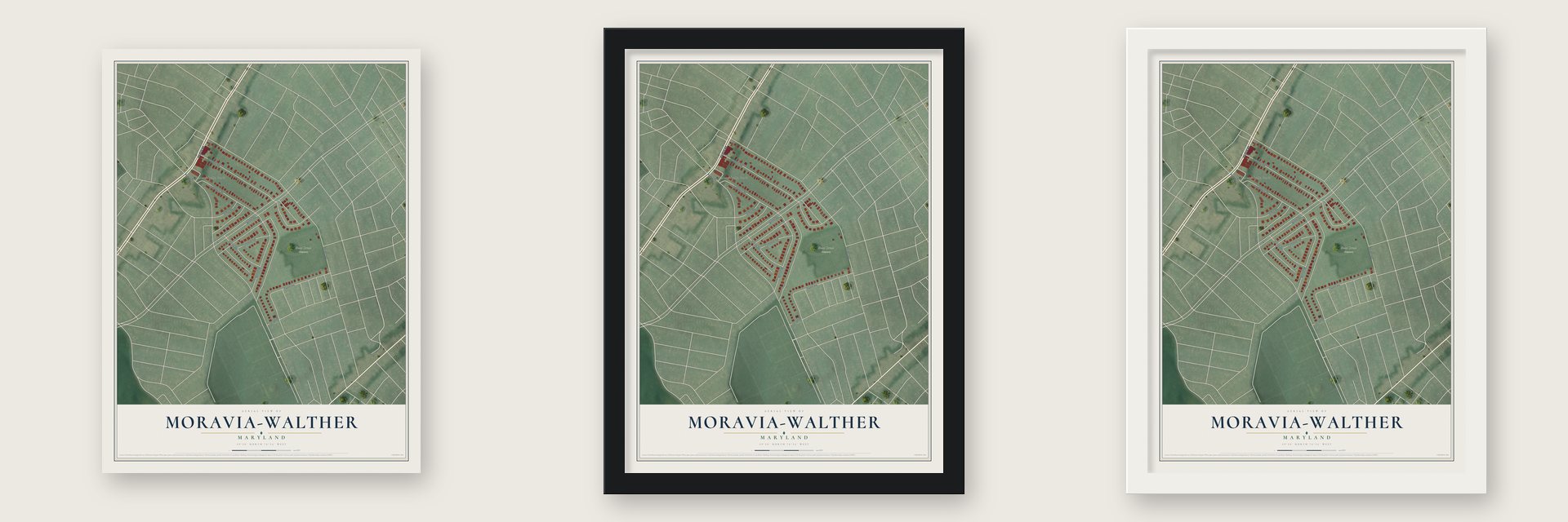 Moravia-Walther, Maryland map unframed, in a black wood frame and in a white wood frame