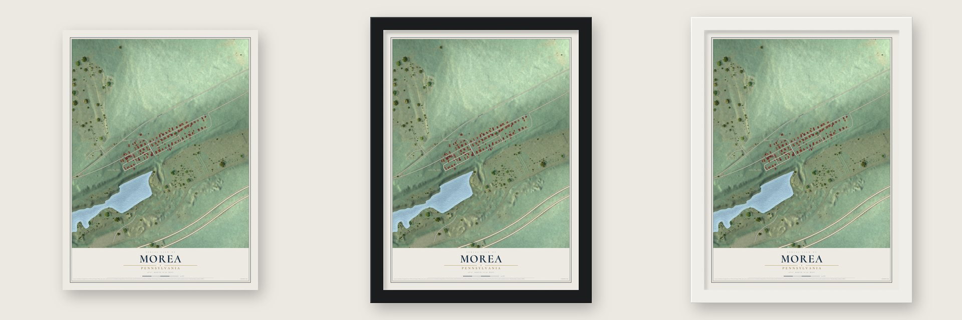 Morea, Pennsylvania map unframed, in a black wood frame and in a white wood frame
