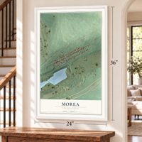 Morea, Pennsylvania map, 24 x 36 inch print in a white frame by a staircase