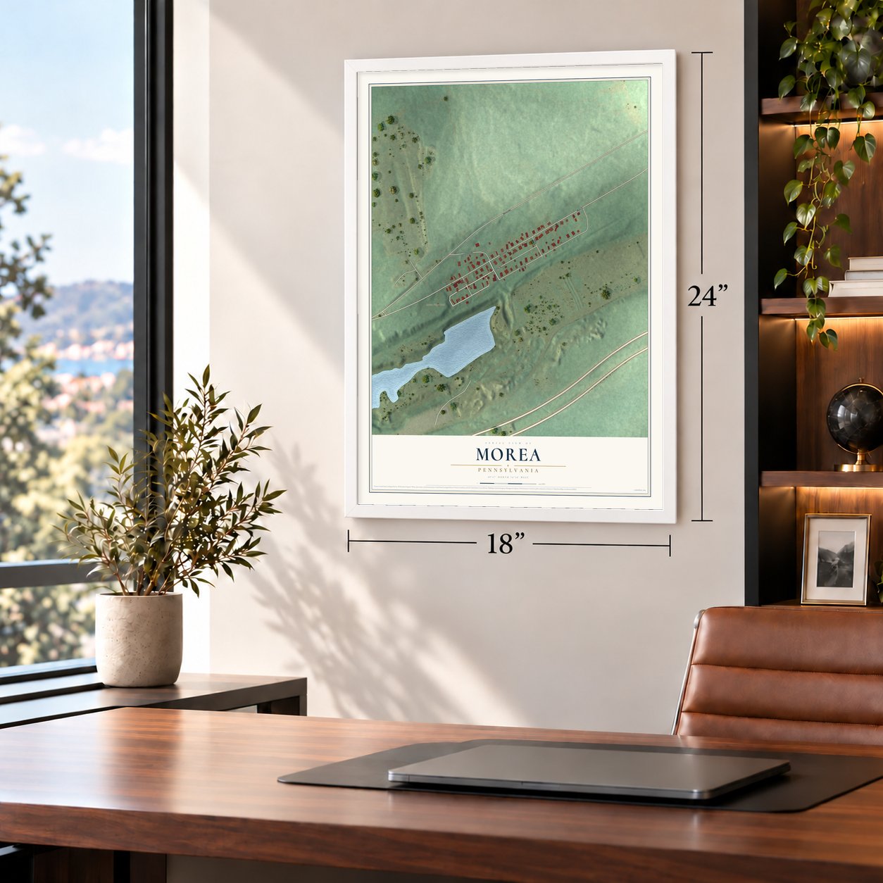 Morea, Pennsylvania map, 18 x 24 inch print in a white frame in a home office