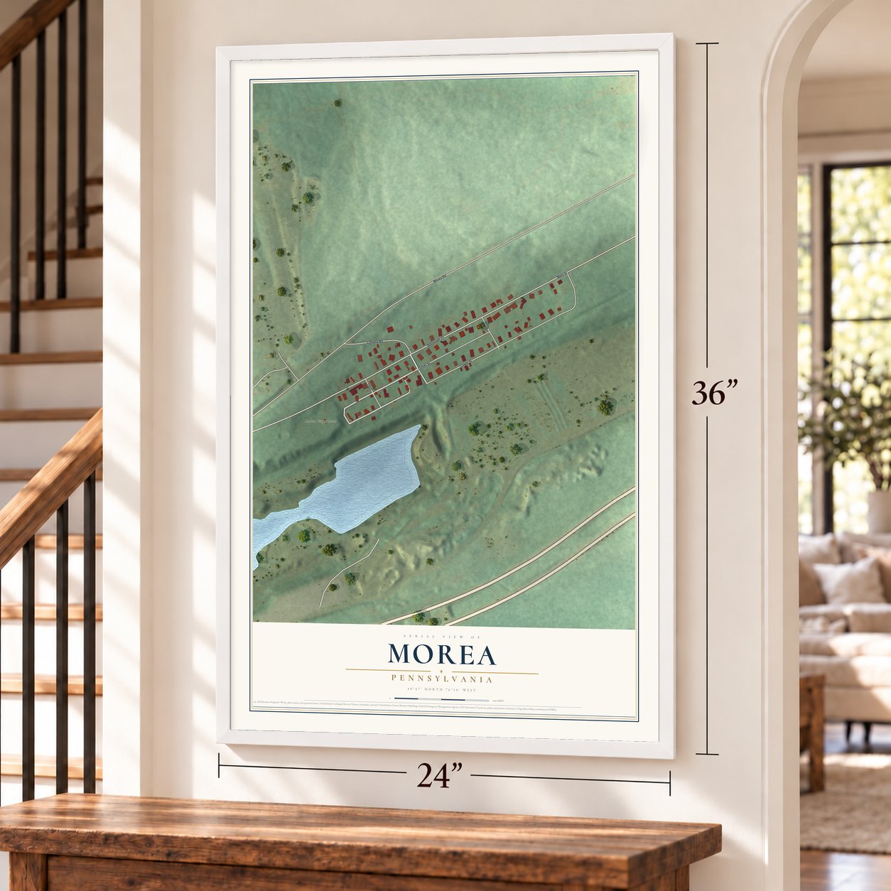 Morea, Pennsylvania map, 24 x 36 inch print in a white frame by a staircase