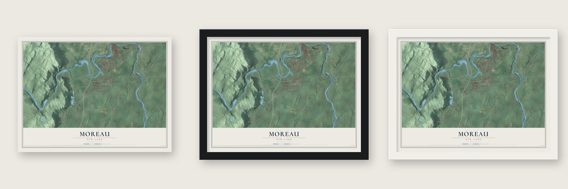 Moreau, New York map unframed, in a black wood frame and in a white wood frame