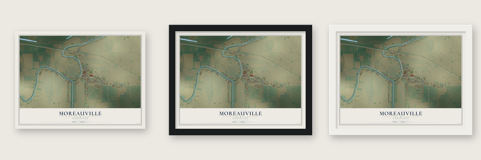 Moreauville, Louisiana map unframed, in a black wood frame and in a white wood frame