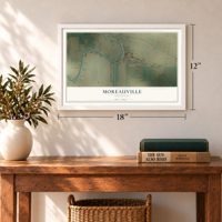 Moreauville, Louisiana map, 12 x 18 inch print in a white frame in an entryway