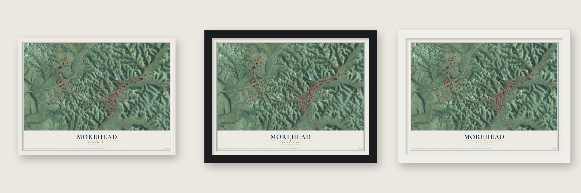 Morehead, Kentucky map unframed, in a black wood frame and in a white wood frame