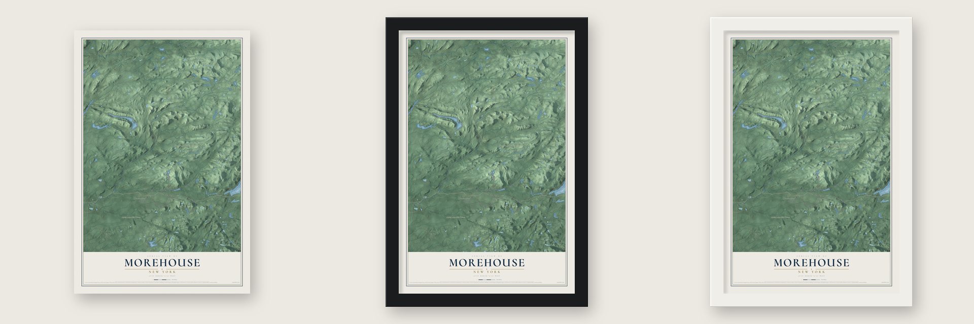 Morehouse, New York map unframed, in a black wood frame and in a white wood frame