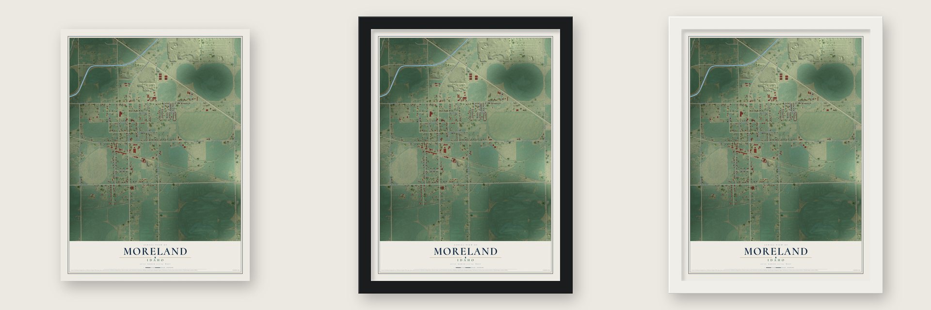 Moreland, Idaho map unframed, in a black wood frame and in a white wood frame