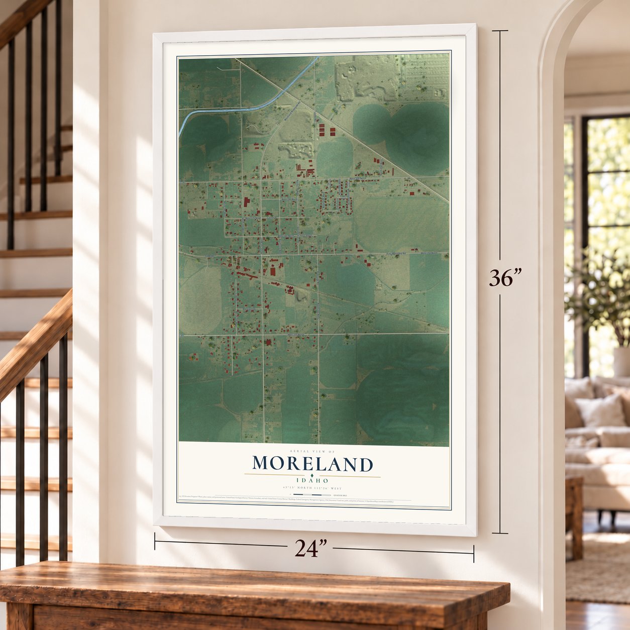 Moreland, Idaho map, 24 x 36 inch print in a white frame by a staircase
