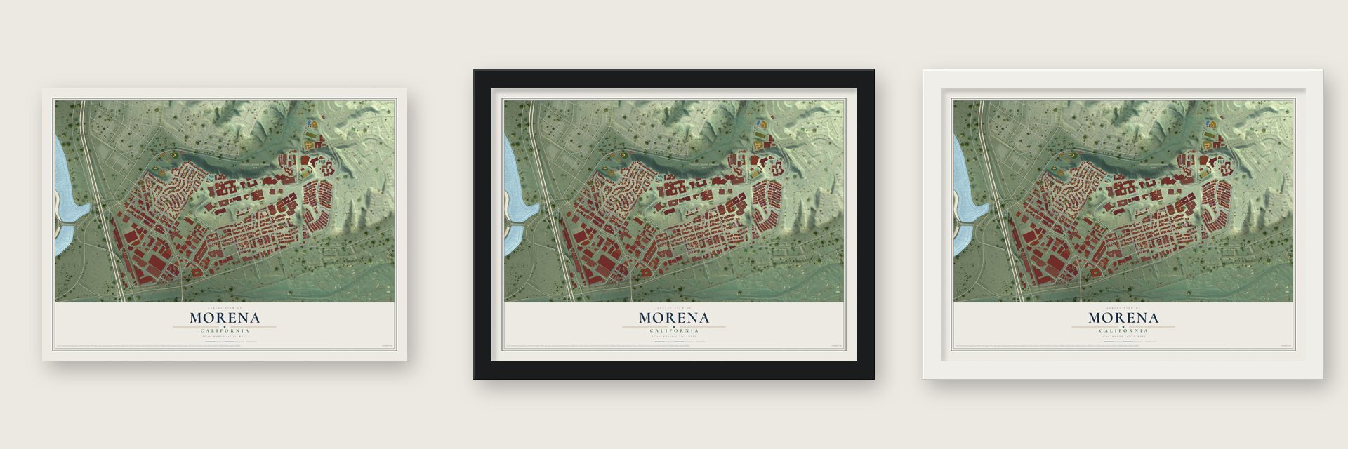 Morena, California map unframed, in a black wood frame and in a white wood frame
