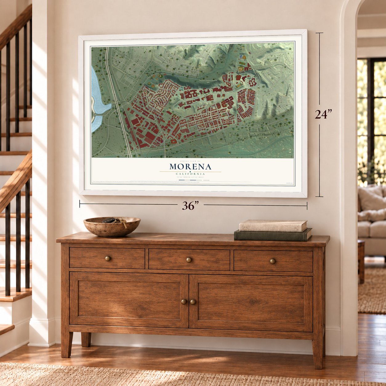 Morena, California map, 24 x 36 inch print in a white frame above a dresser by a staircase