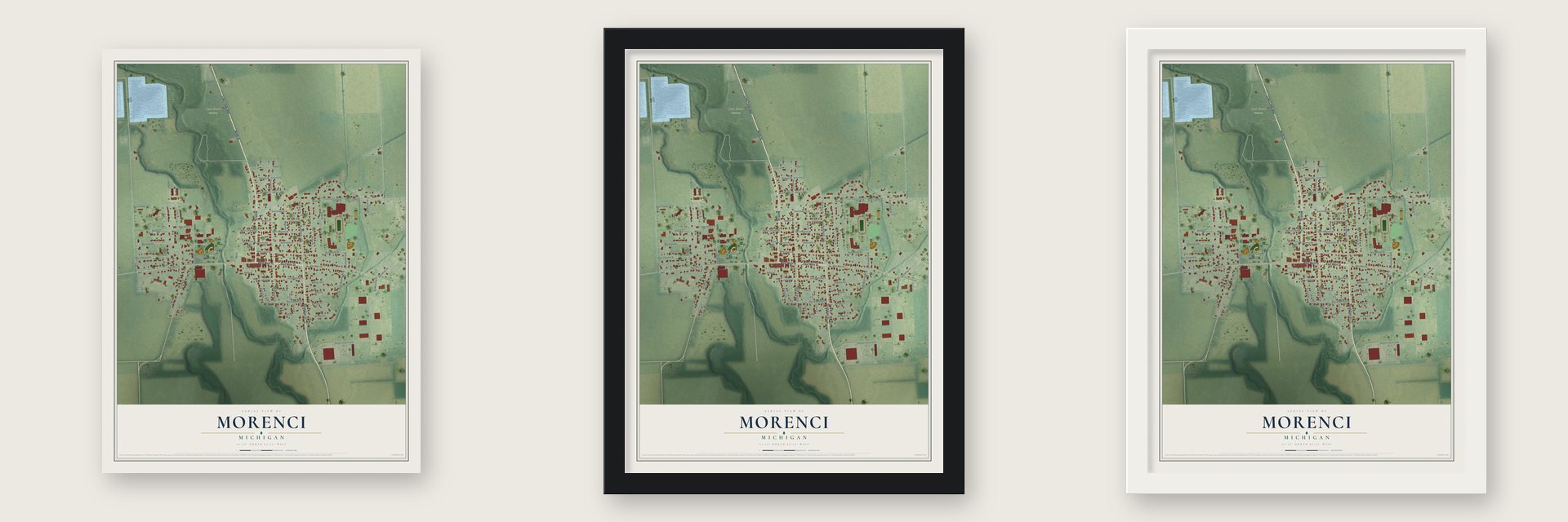 Morenci, Michigan map unframed, in a black wood frame and in a white wood frame