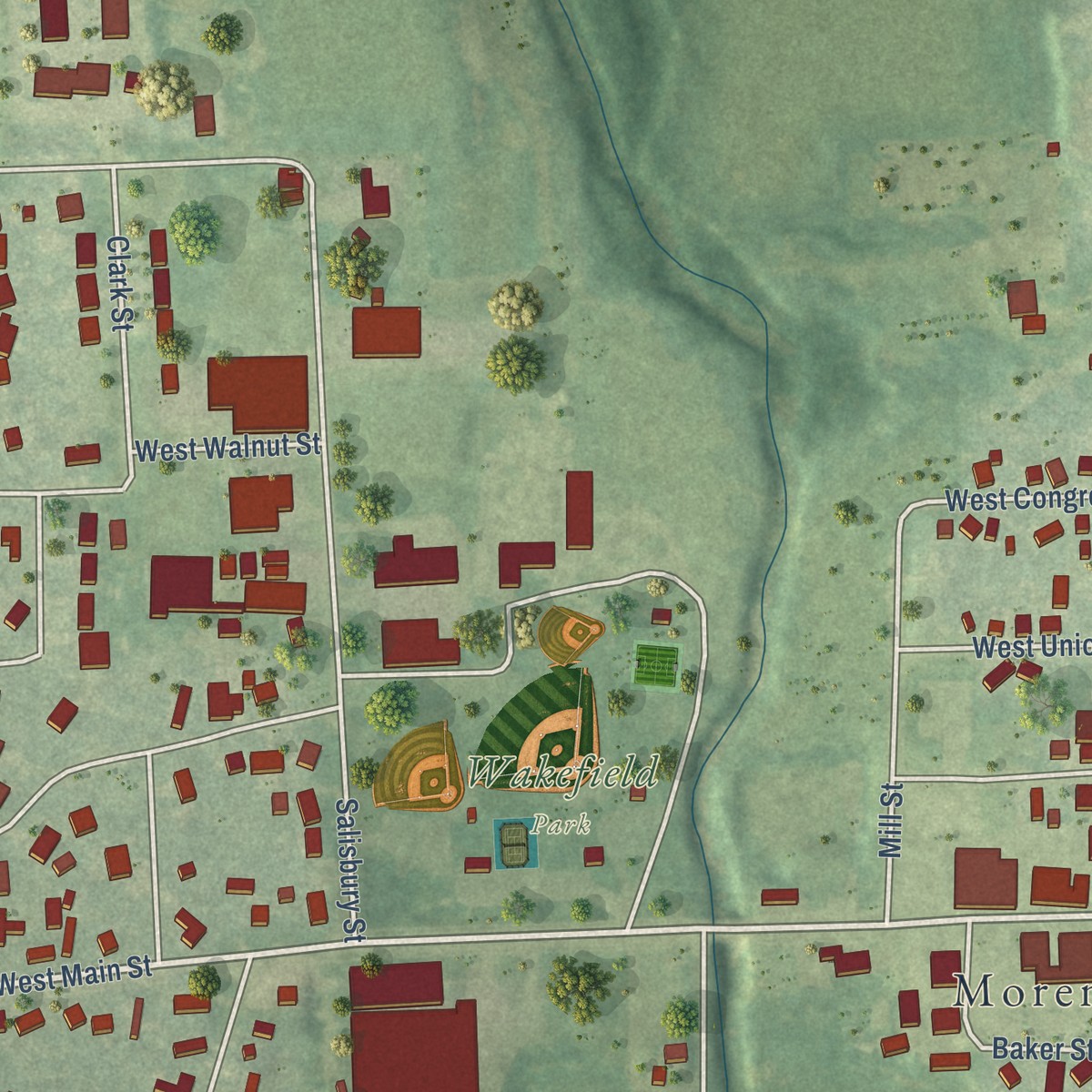 Second close-up of the map of Morenci, Michigan print showing more streets and buildings
