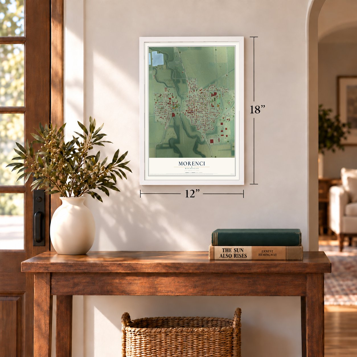 Morenci, Michigan map, 12 x 18 inch print in a white frame in an entryway
