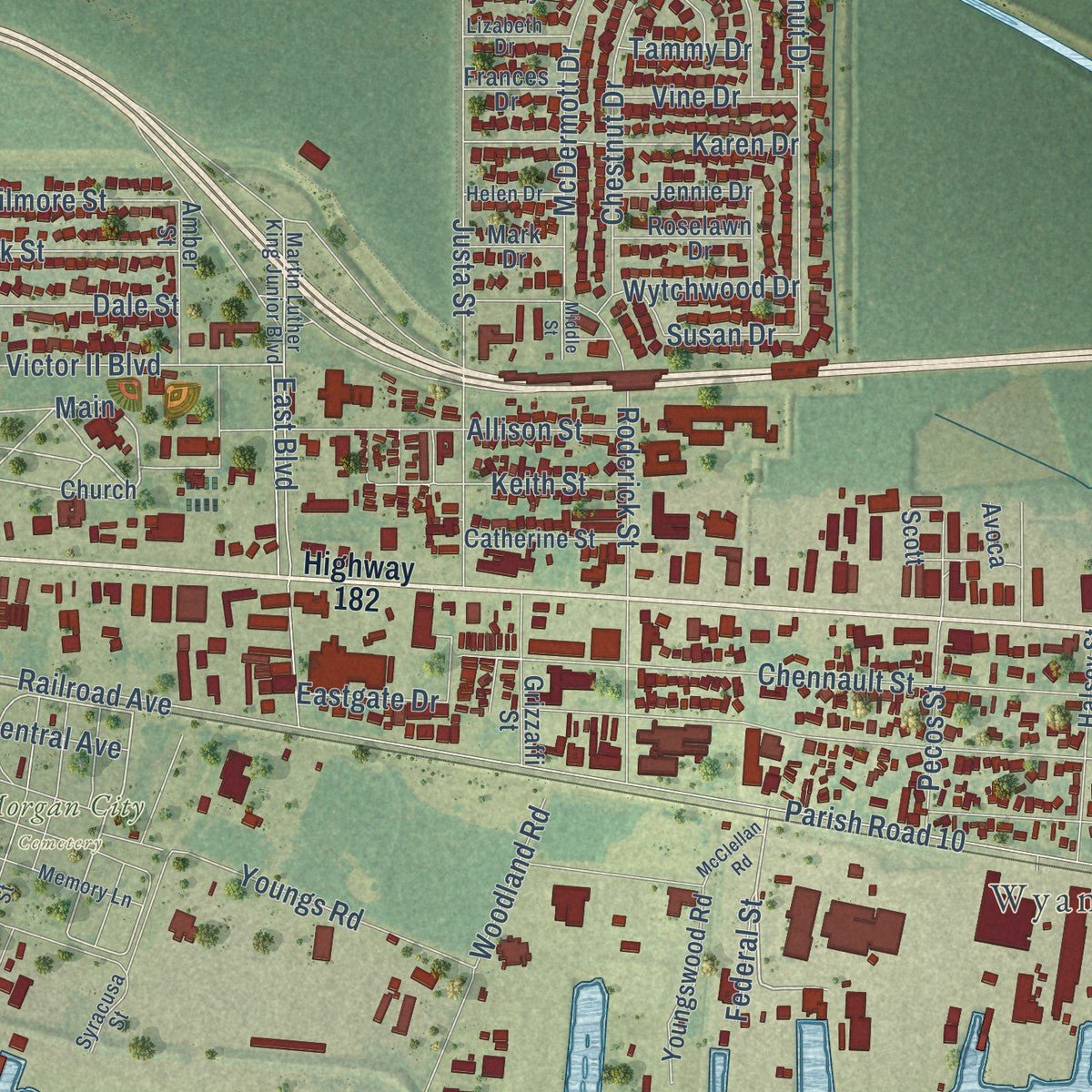 Second close-up of the map of Morgan City, Louisiana print showing more streets and buildings