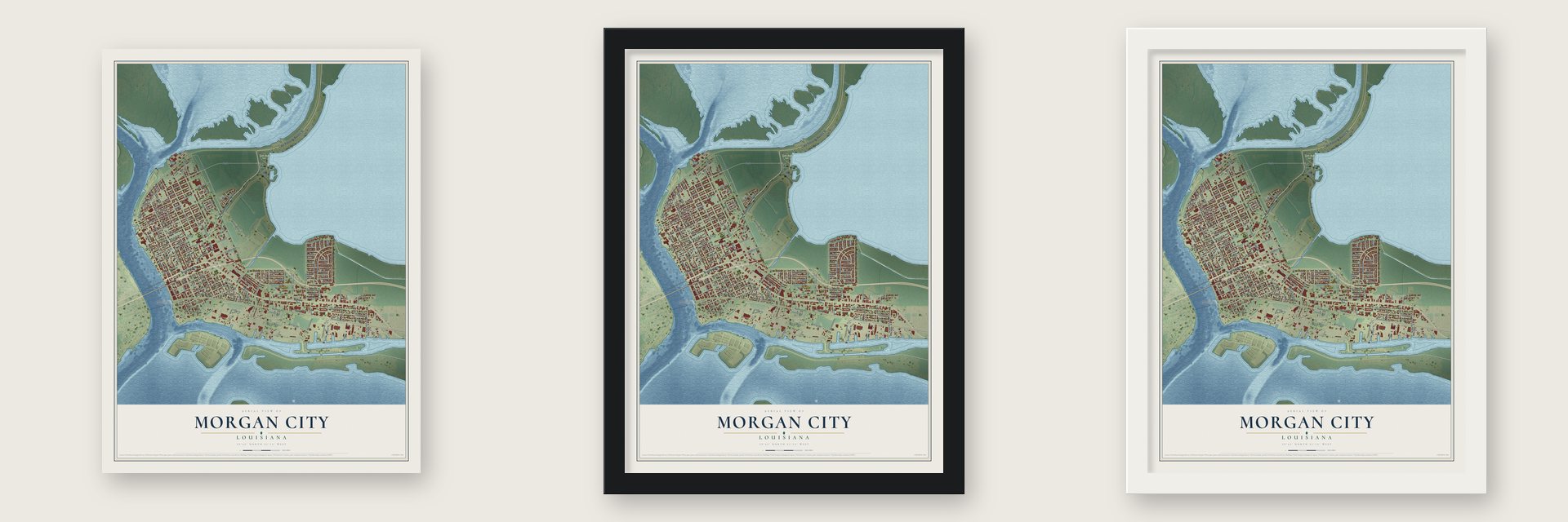 Morgan City, Louisiana map unframed, in a black wood frame and in a white wood frame