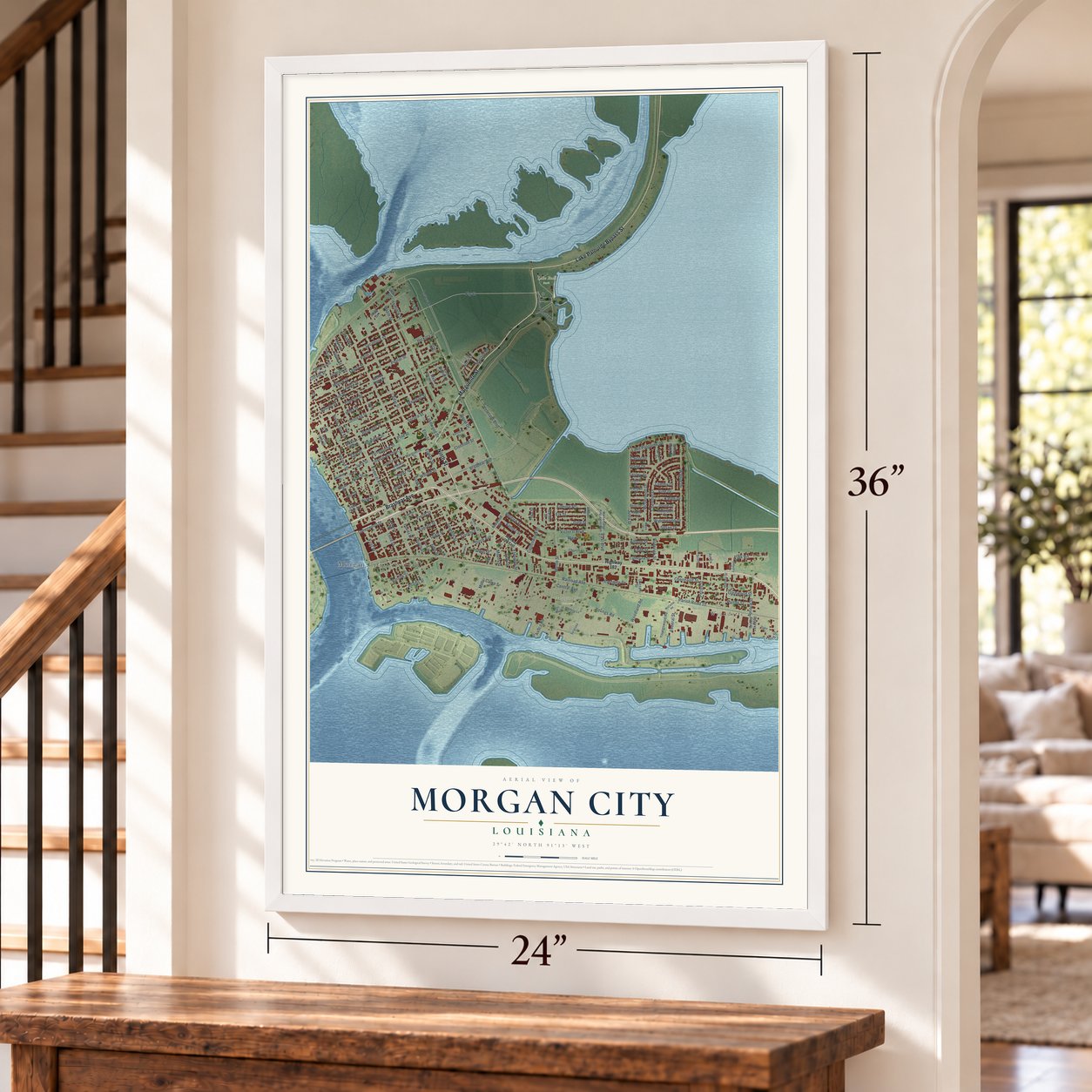 Morgan City, Louisiana map, 24 x 36 inch print in a white frame by a staircase