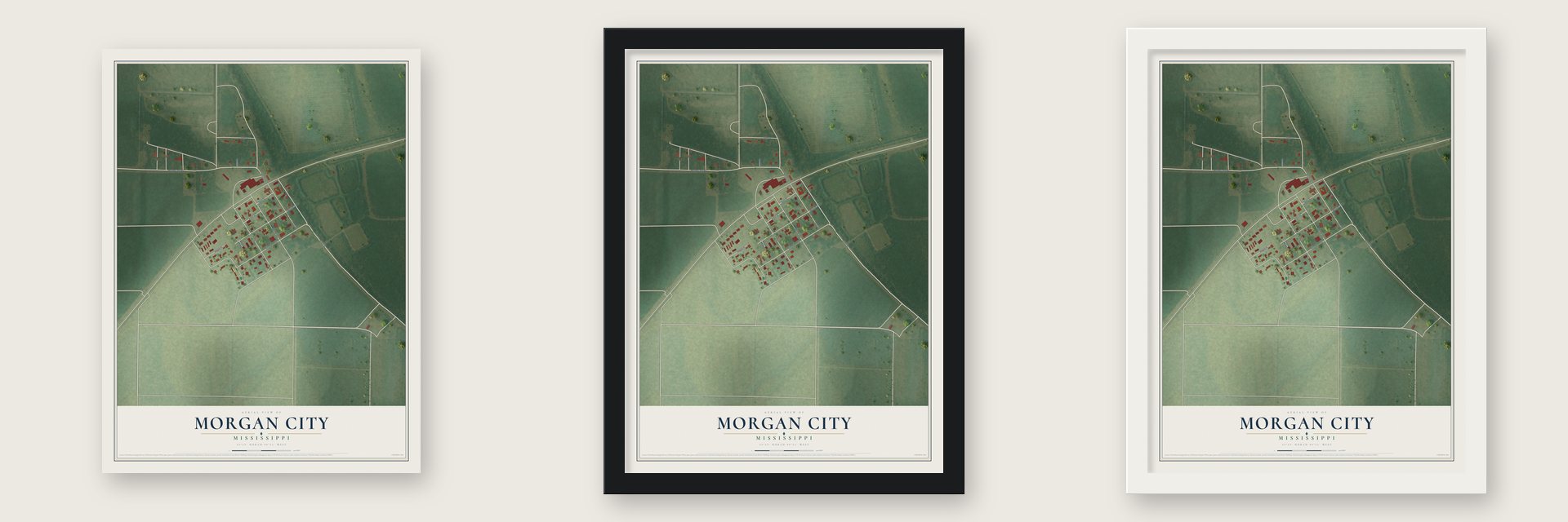 Morgan City, Mississippi map unframed, in a black wood frame and in a white wood frame