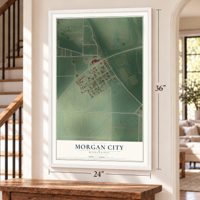 Morgan City, Mississippi map, 24 x 36 inch print in a white frame by a staircase