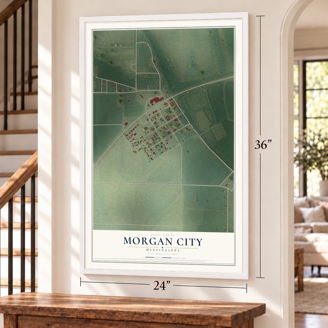 Morgan City, Mississippi map, 24 x 36 inch print in a white frame by a staircase