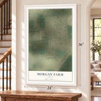 Morgan Farm, Texas map, 24 x 36 inch print in a white frame by a staircase