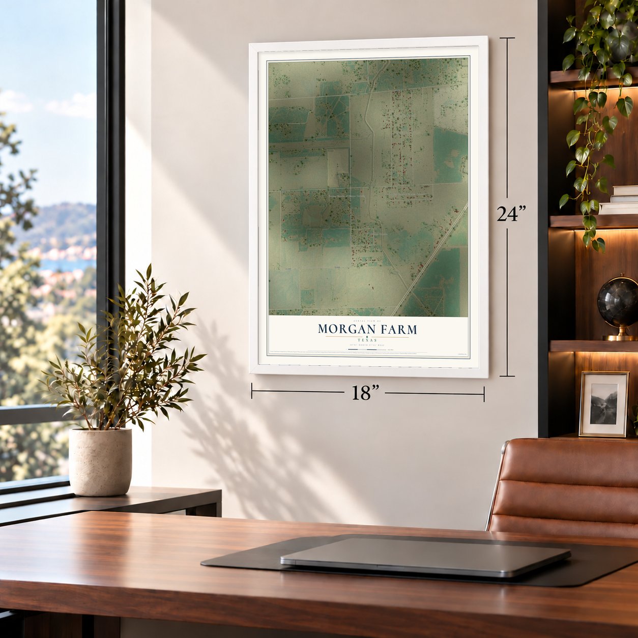 Morgan Farm, Texas map, 18 x 24 inch print in a white frame in a home office