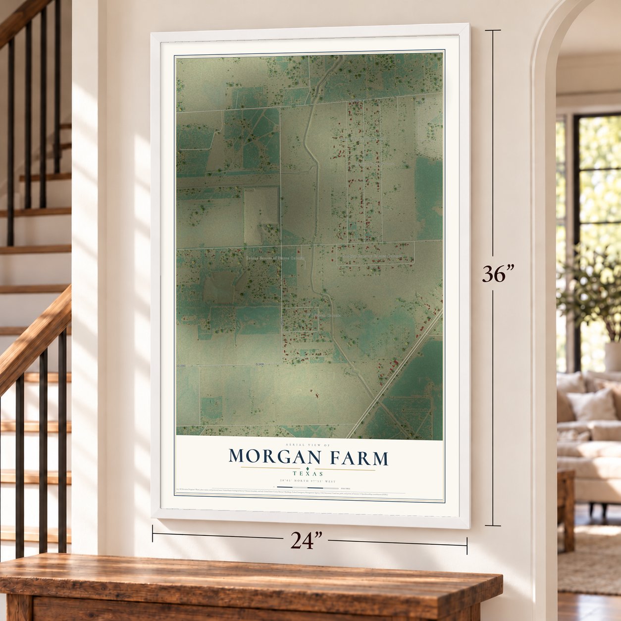 Morgan Farm, Texas map, 24 x 36 inch print in a white frame by a staircase