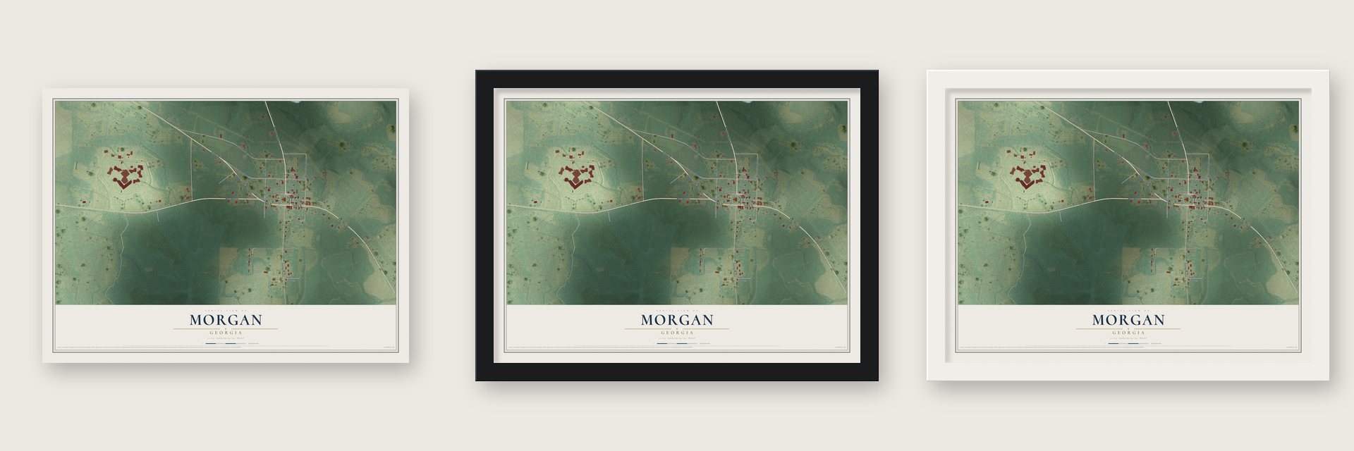 Morgan, Georgia map unframed, in a black wood frame and in a white wood frame