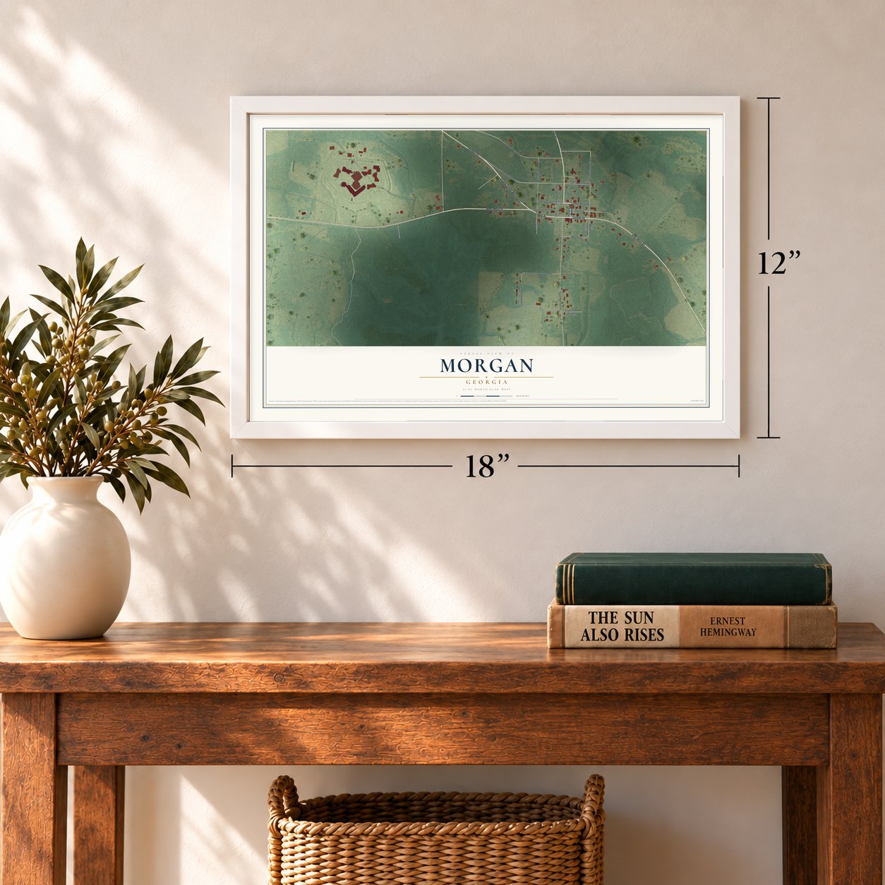 Morgan, Georgia map, 12 x 18 inch print in a white frame in an entryway