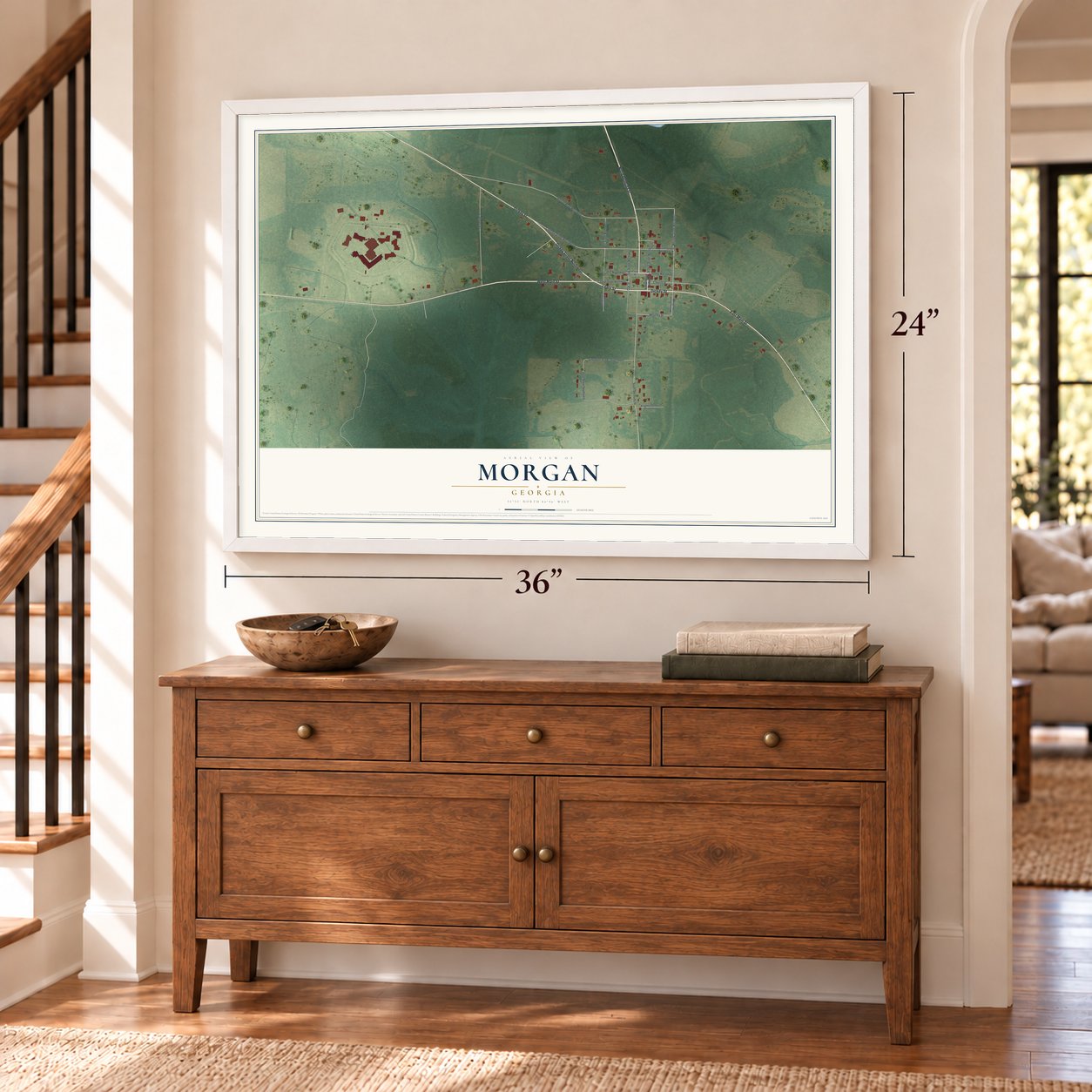 Morgan, Georgia map, 24 x 36 inch print in a white frame above a dresser by a staircase