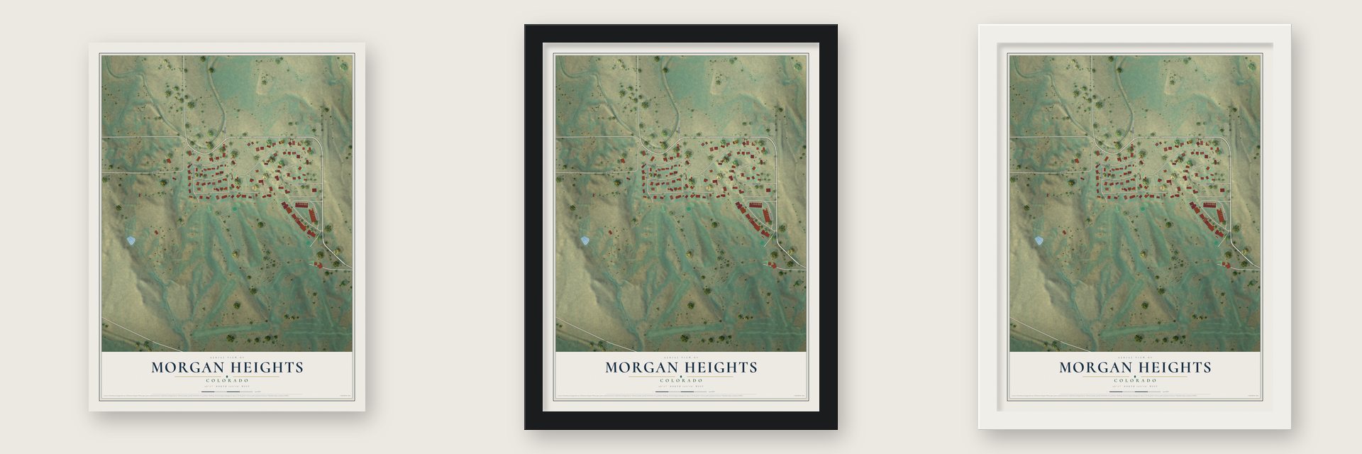 Morgan Heights, Colorado map unframed, in a black wood frame and in a white wood frame